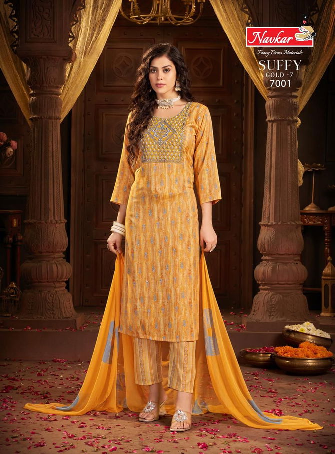 Suffy Gold 7 By Navkar Rayon Foil Printed Kurti With Bottom Dupatta Wholesale Shop In Surat
